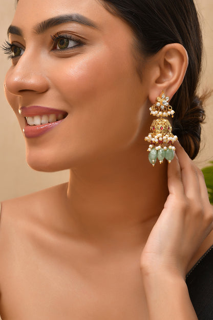 Gold Finish Multi-Colored Kundan Polki Jhumka Earrings