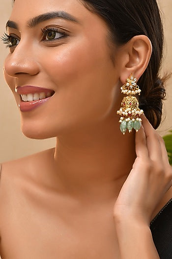 Gold Finish Multi-Colored Kundan Polki Jhumka Earrings