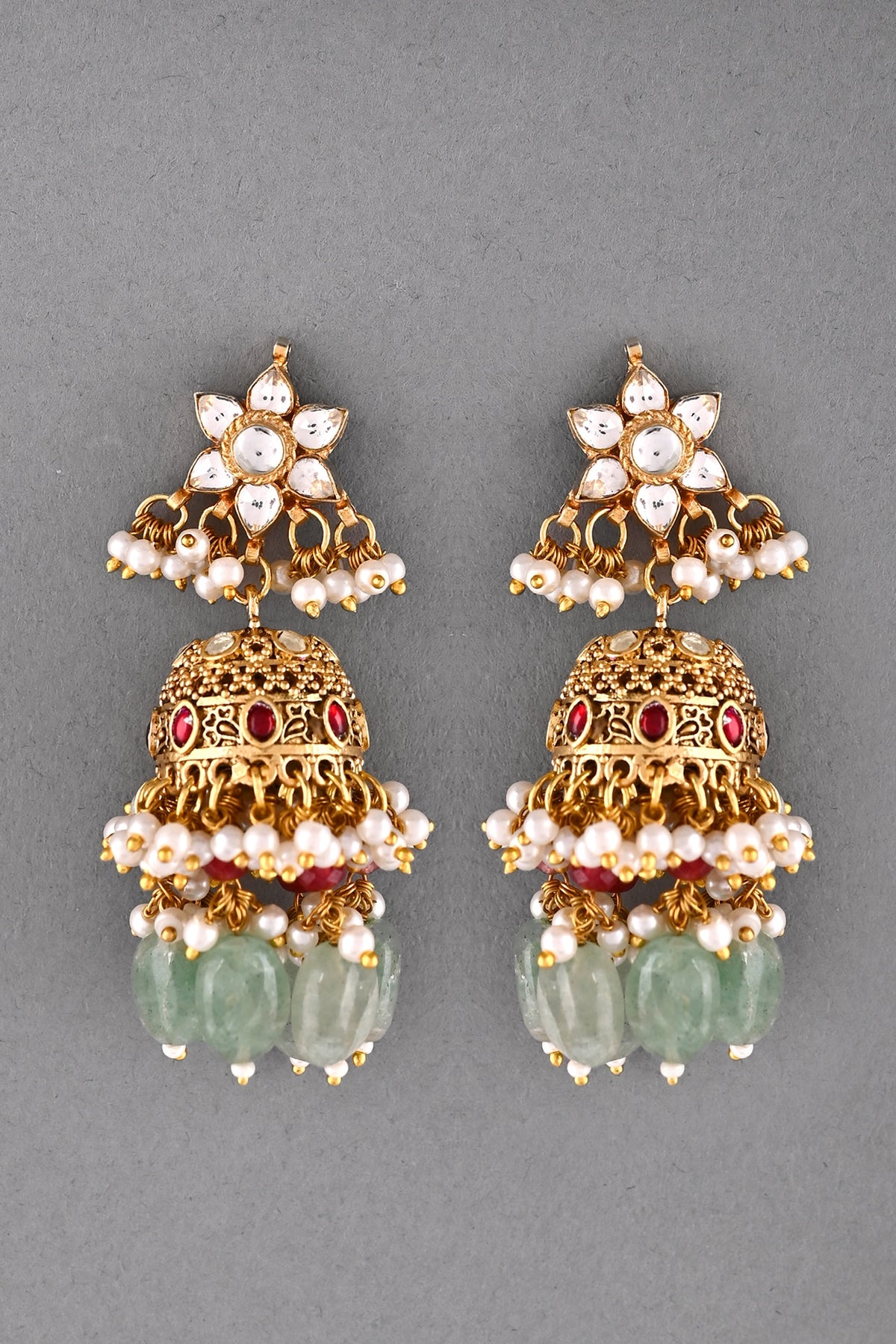 Gold Finish Multi-Colored Kundan Polki Jhumka Earrings