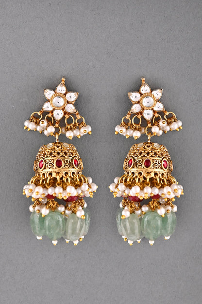 Gold Finish Multi-Colored Kundan Polki Jhumka Earrings