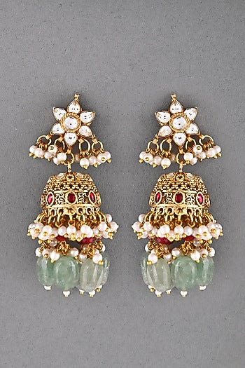 Gold Finish Multi-Colored Kundan Polki Jhumka Earrings
