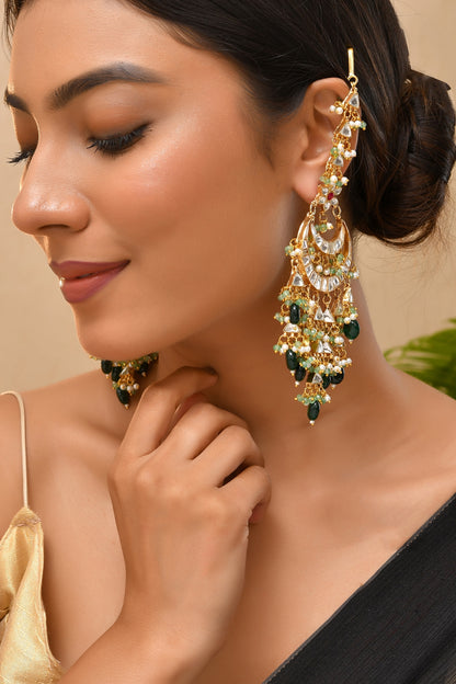 Gold Finish Green Kundan Polki Chandbali Earrings