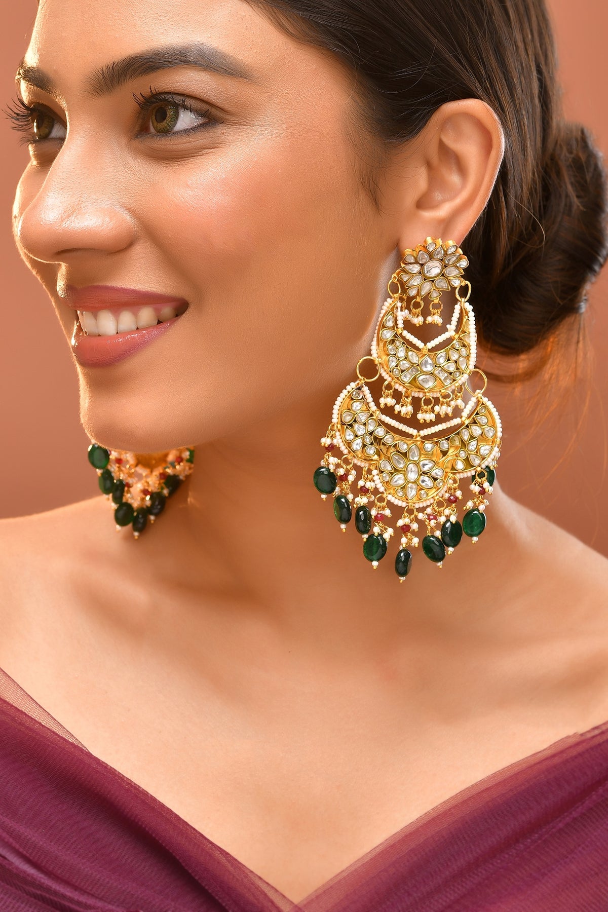 Gold Finish Green Kundan Polki Chandbali Earrings