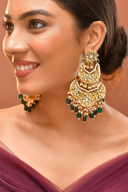 Gold Finish Green Kundan Polki Chandbali Earrings