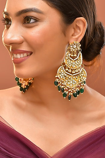Gold Finish Green Kundan Polki Chandbali Earrings
