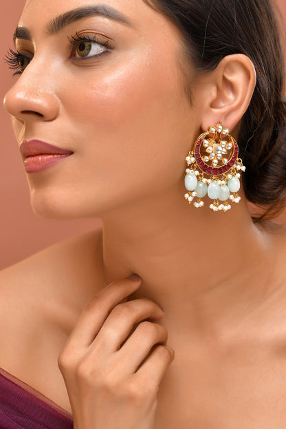 Gold Finish Multi-Colored Kundan Polki Dangler Earrings