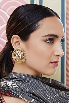 Gold Finish Crystals Floral Earrings In Sterling Silver