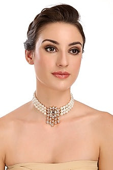Gold Finish Pearl & Diamond Choker Necklace