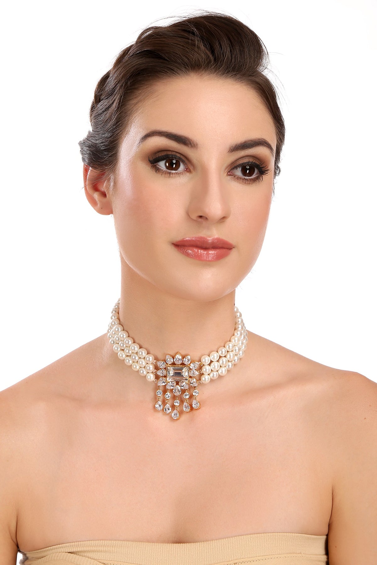 Gold Finish Pearl & Diamond Choker Necklace