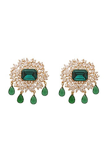 Gold Finish Green Stone & Crystal Stud Earrings