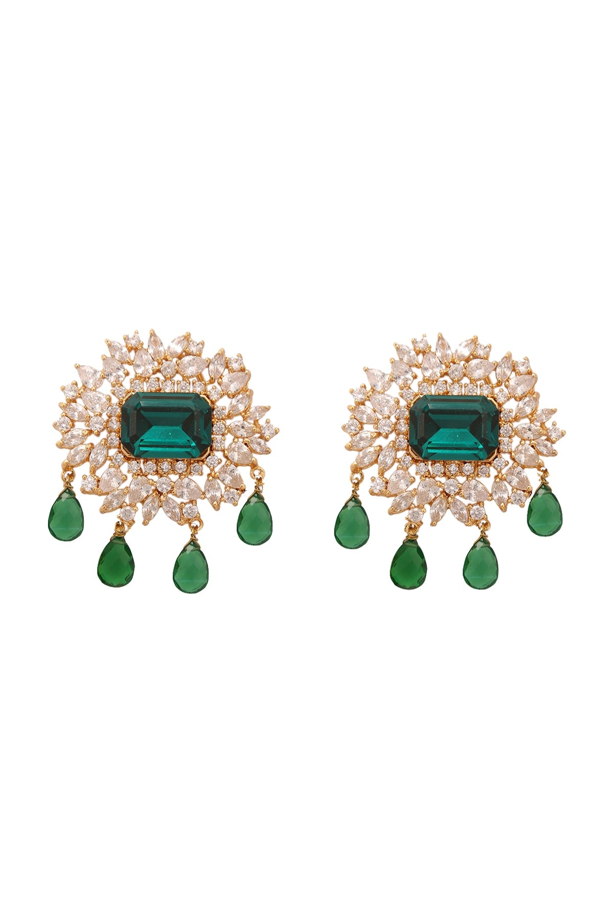 Gold Finish Green Stone & Crystal Stud Earrings