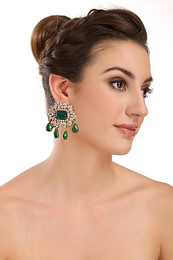 Gold Finish Green Stone & Crystal Stud Earrings