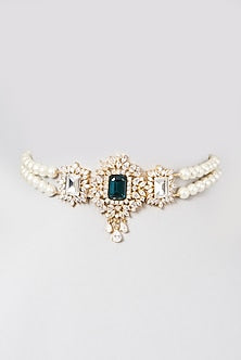Gold Finish Pearl & Green Stone Choker Necklace