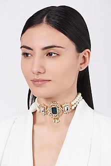 Gold Finish Pearl & Green Stone Choker Necklace