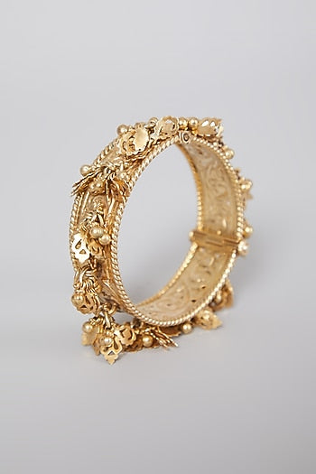 Gold Finish Motif Kada Bangle In Sterling Silver