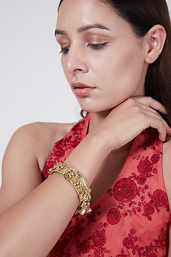 Gold Finish Motif Kada Bangle In Sterling Silver
