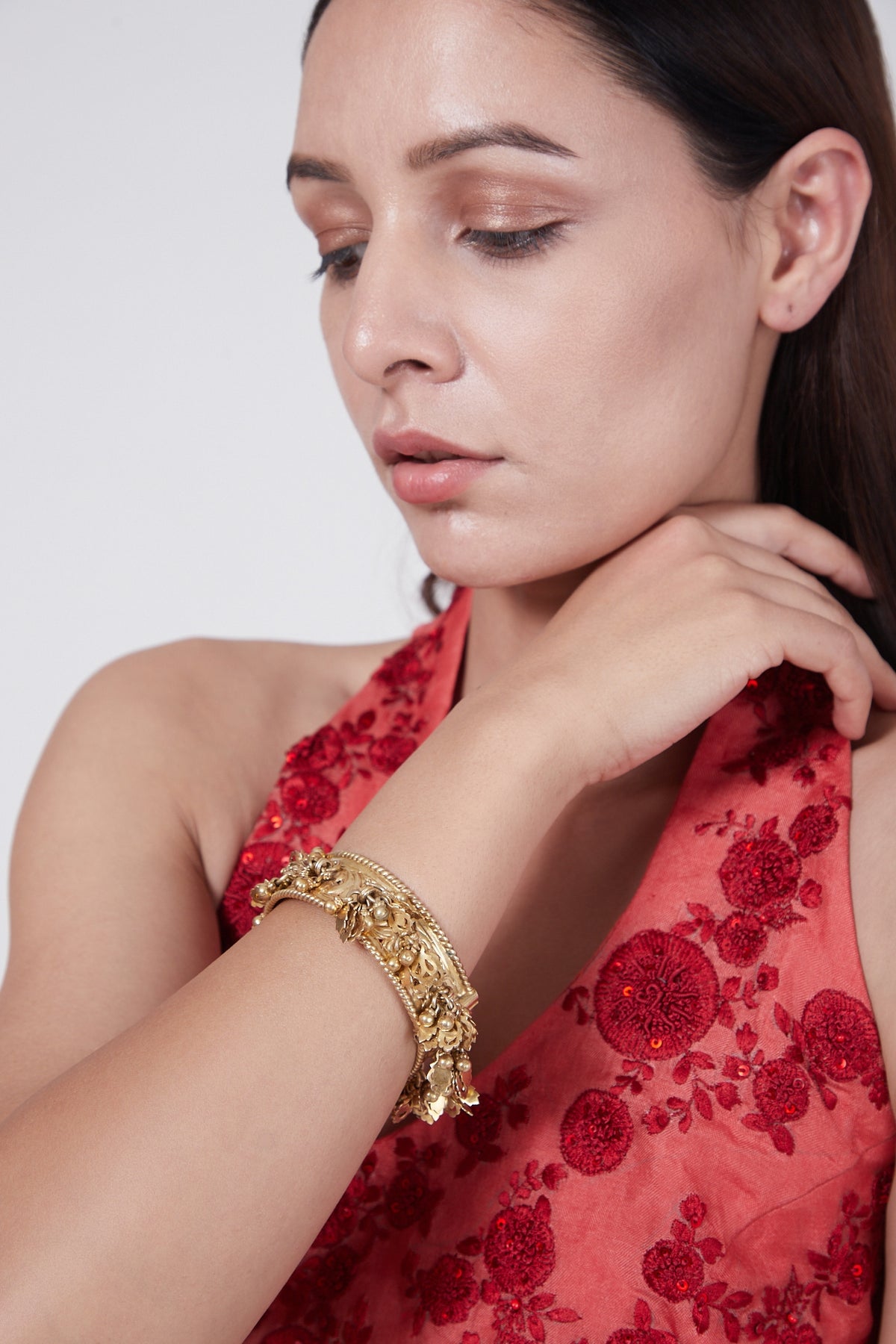 Gold Finish Motif Kada Bangle In Sterling Silver