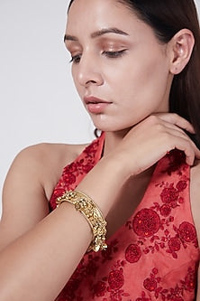 Gold Finish Motif Kada Bangle In Sterling Silver
