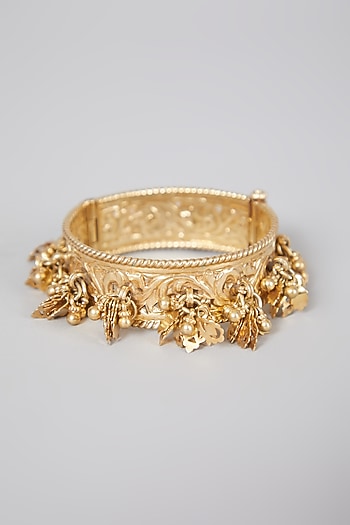 Gold Finish Motif Kada Bangle In Sterling Silver