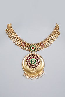 Gold Finish Gemstone & Kundan Polki Temple Necklace