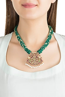 Gold Plated Kemp Stone Green Necklace In Sterling Silver