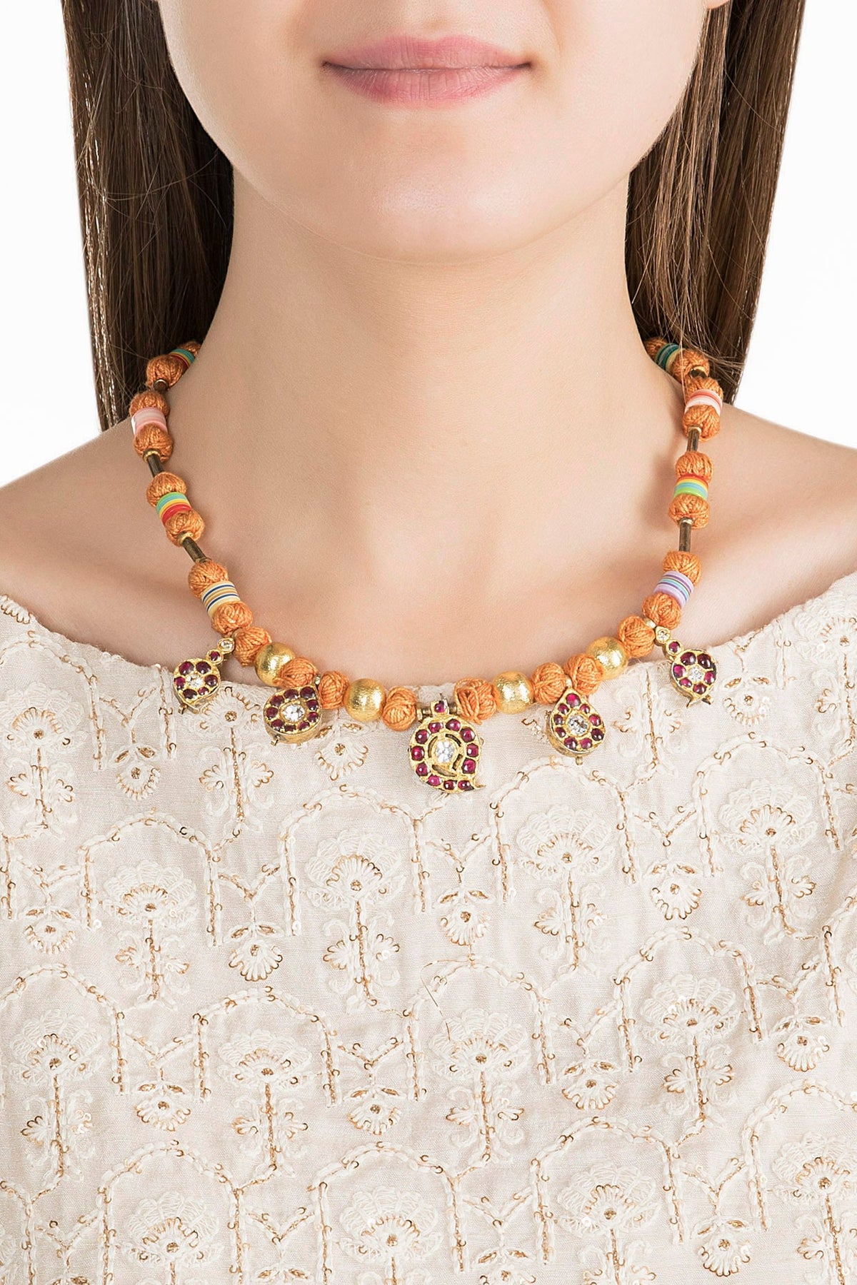 Gold Plated Kemp Stone & Beaded Necklace In Sterling Silver