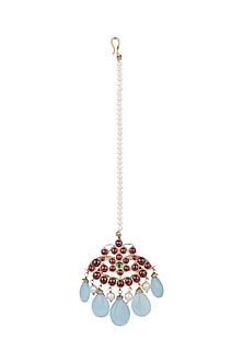 Gold Plated Blue & Kemp Stone Maang Tikka In Sterling Silver