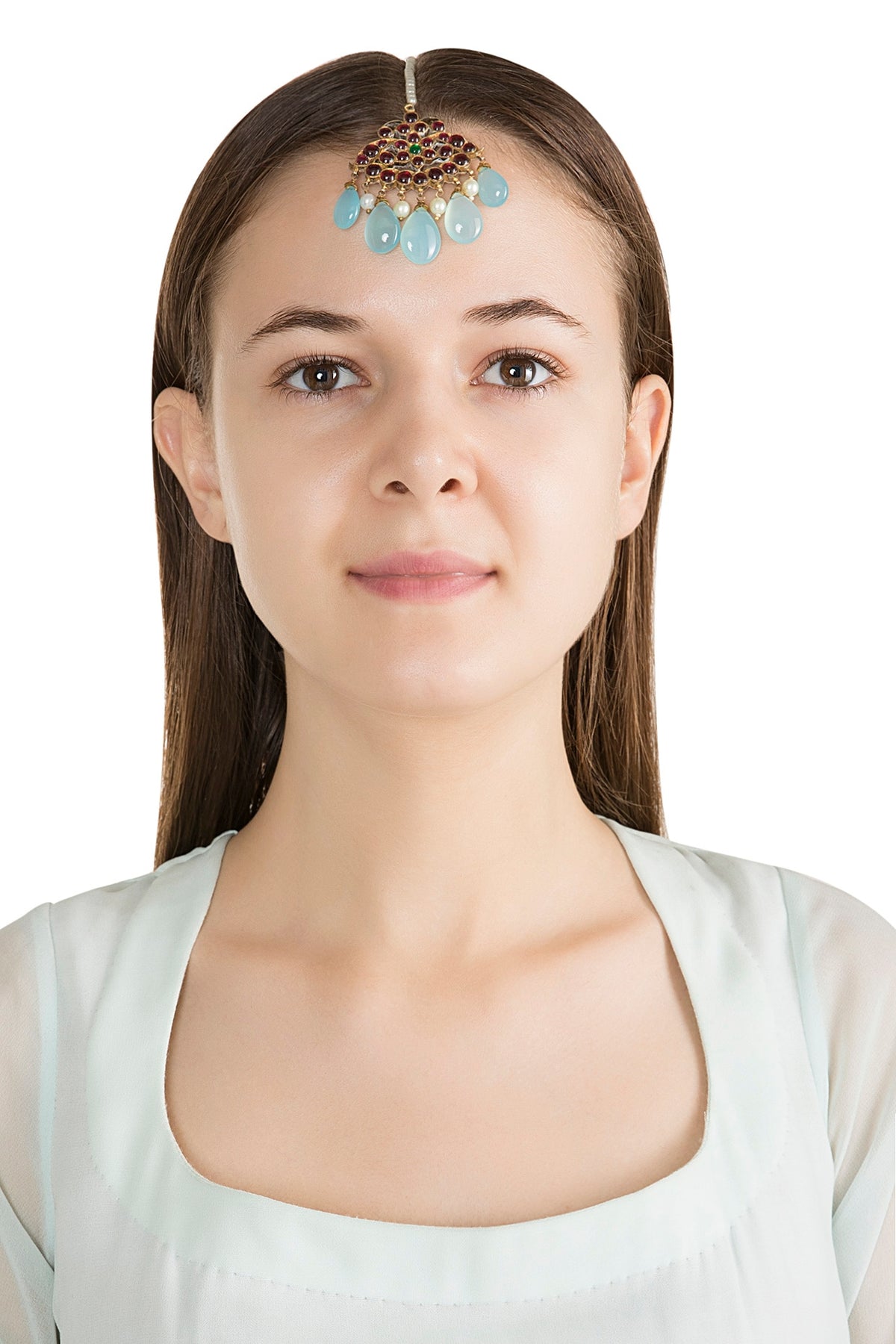 Gold Plated Blue & Kemp Stone Maang Tikka In Sterling Silver