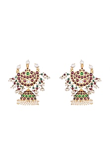 Gold Plated Kemp Stone Chandrabali Jhumka Earring In Sterling Silver