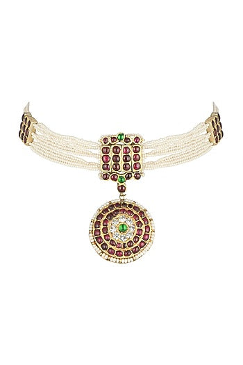 Gold Plated Red Kempstone Choker Necklace In Sterling Silver