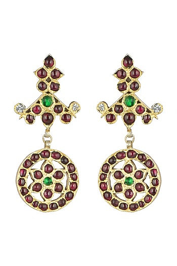 Gold Plated Red & Green Kempstone Earrings In Sterling Silver