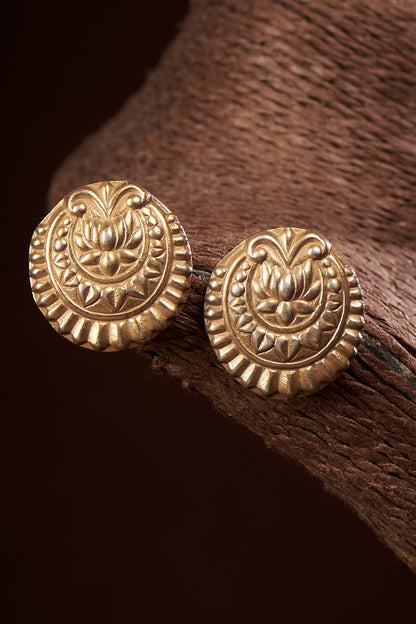 Gold Finish Lotus Stud Earrings In Sterling Silver