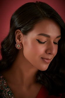 Gold Finish Floral Stud Earrings In Sterling Silver