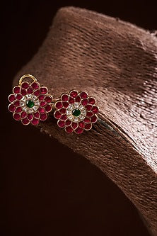 Gold Finish Floral Stud Earrings In Sterling Silver