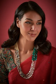 Gold Finish Blue Opal & Onyx Mala In Sterling Silver