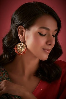 Gold Finish Coral Stone Chandbali Earrings In Sterling Silver