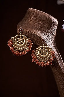 Gold Finish Coral Stone Chandbali Earrings In Sterling Silver
