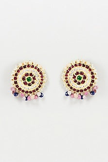 Gold Finish Multi-Colored Semi-Precious Stone Stud Earrings In Sterling Silver