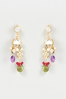 Gold Finish Multi-Colored Semi-Precious Stone Dangler Earrings In Sterling Silver