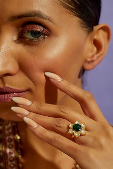 Gold Finish Green Stone Ring In Sterling Silver