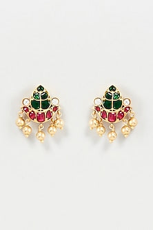 Gold Finish Green Stone Stud Earrings In Sterling Silver