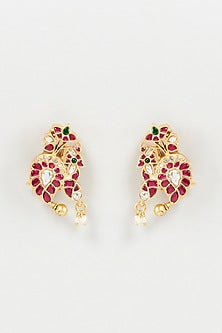 Gold Finish Pink Stone Stud Earrings In Sterling Silver