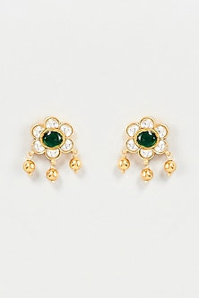 Gold Finish Green Semi-Precious Stone Stud Earrings In Sterling Silver