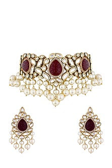 Gold Finish Pearl & Kundan Polki Choker Necklace Set