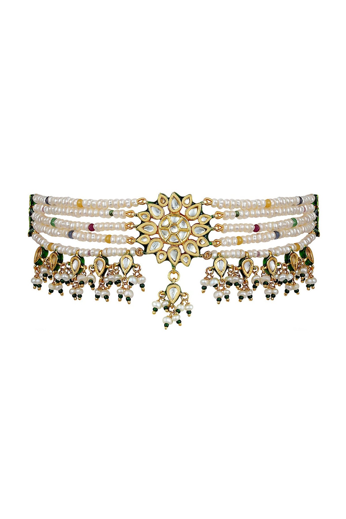White Finish Kundan Polki & Beaded Choker Necklace Set