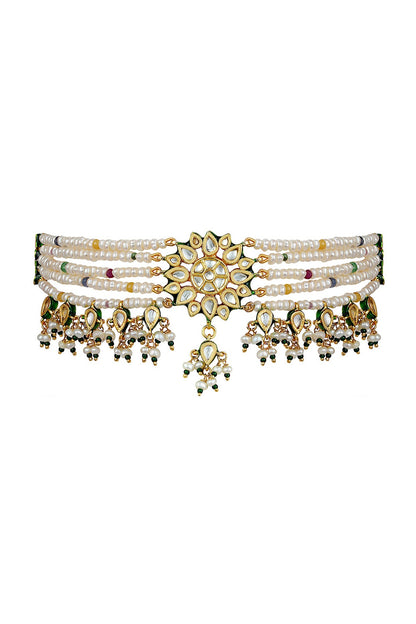 White Finish Kundan Polki & Beaded Choker Necklace Set