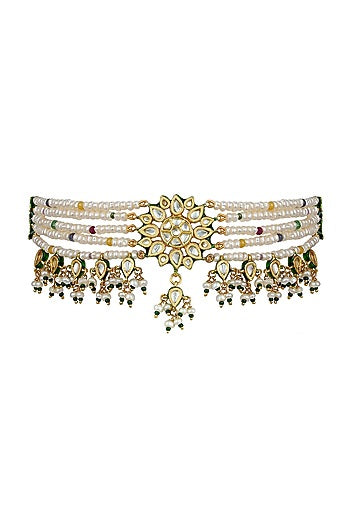 White Finish Kundan Polki & Beaded Choker Necklace Set