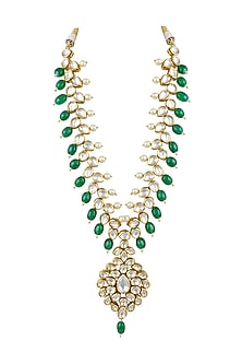 Gold Finish Kundan Polki & Green Drops Long Necklace