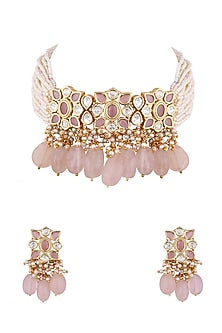 White Finish Pink Stones Choker Necklace Set