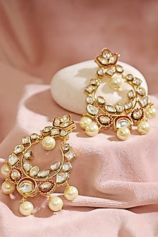 Gold Finish Kundan Polki & Pearl Meenakari Earrings
